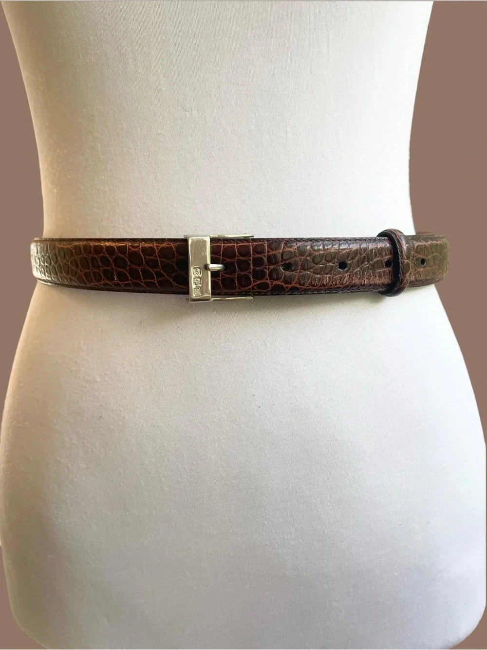 Ralph Lauren Brown Croc Embossed Leather Skinny Belt Vintage 90s Y2K Size S